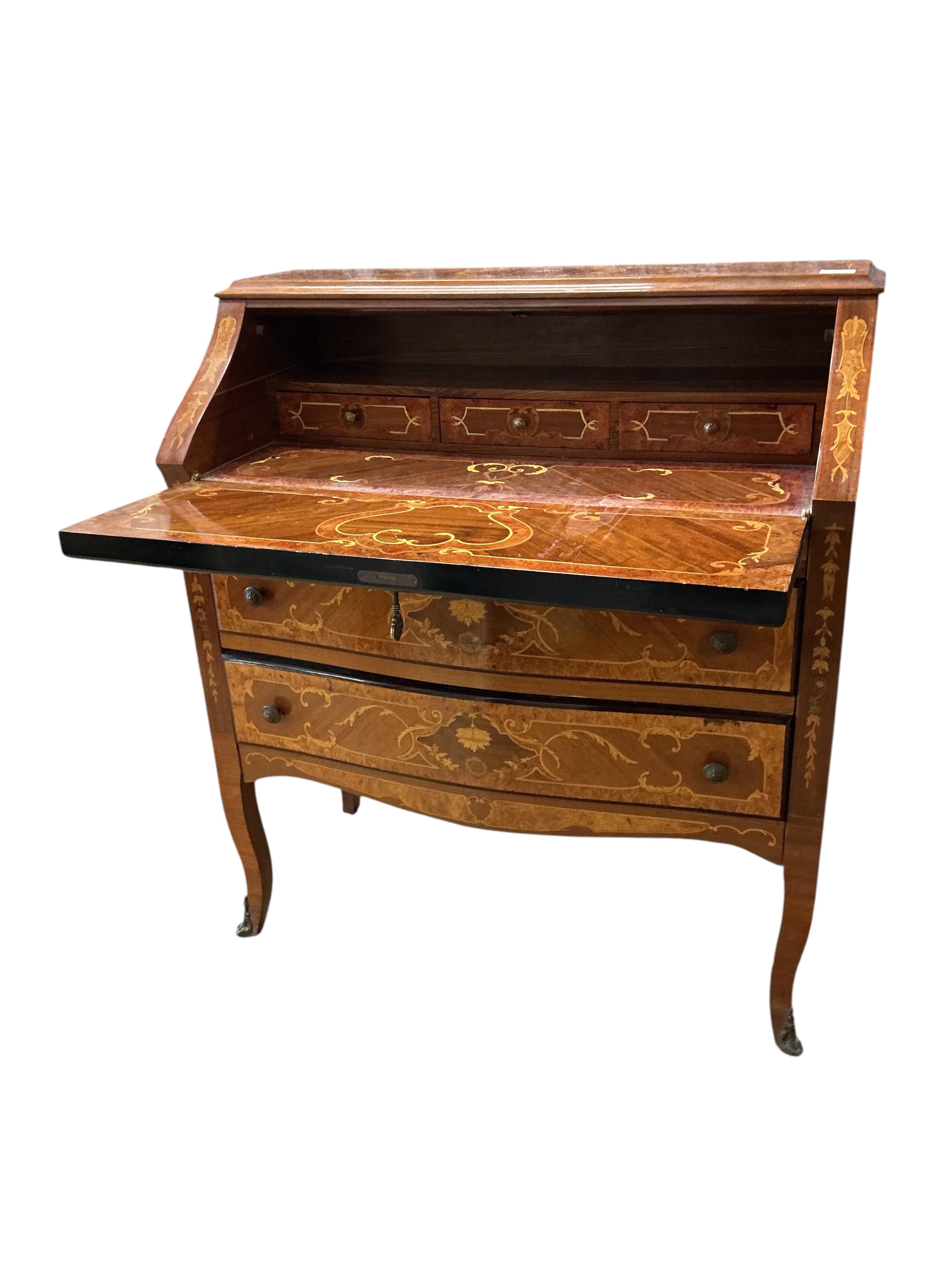 A reproduction Italian marquetry inlaid kingwood bureau, width 91cm, depth 43cm, height 101cm